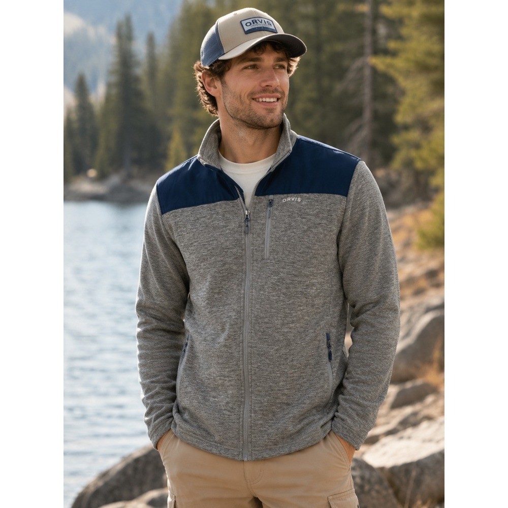 Orvis Mens XXL Full Zip Fleece Jacket Gray Navy Blue Mixed Media Sweater Coat
